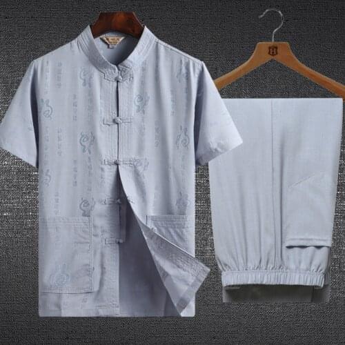 Vintage Men Tang Suit Cotton Linen Print Kung Fu Clothes Sets Chinese Traditional Male Wushu Set Oversize Hanfu Uniform 3XL