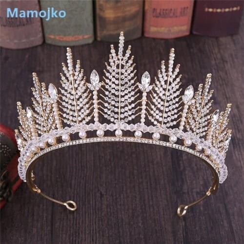 Mamojko Baroque Pearl Tiara Fashion Crystal Leaves Rhinestone Crown Diadem for Bride Princess Headbands Wedding Hair Accessories
