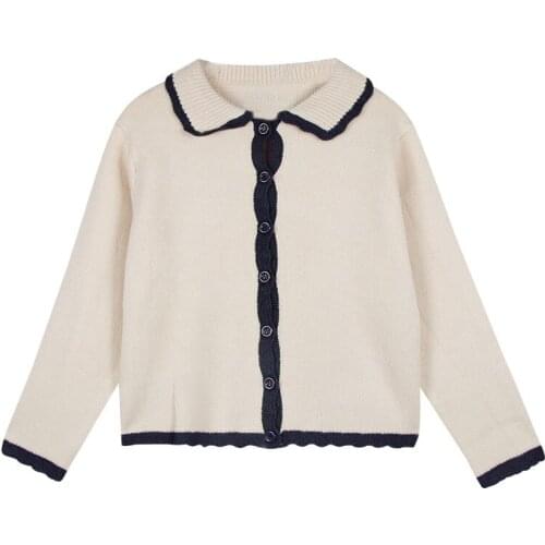 PERHAPS U Women Single Breasted Button Knitted Short Cropped Sweater Cardigans Solid Cable Turn Down Collar Beige Navy M0266