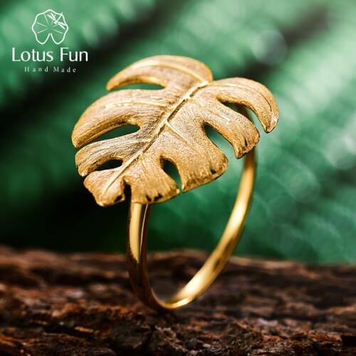 Lotus Fun Real 925 Sterling Silver Natural Designer Fine Jewelry 18K Gold Monstera Leaves Ring Adjustable Rings for Women Bijoux