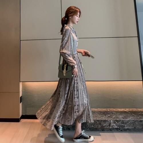 Autumn 2021 New Style French Retro Dress Floral-Print Chiffon Long-Sleeve Elegant Long Dress Shirt Dress Womens