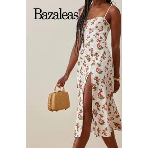 Bazaleas Vintage Spaghetti Straps Midi Women Dress Sexy Cherry Print Split Vestidos Retro Slim Tank Dress