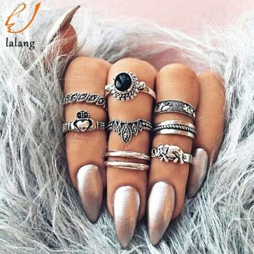 10PCS/Set Antique Color Crown Heart Midi Ring Sets For Women Boho Beach Vintage Turkish Punk Elephant Creative Ring