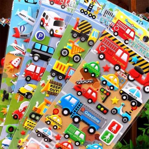 4sheets Children Puzzle Cartoon Car Sticker Toy Puffy Sticky 3D Car Truck Bubble Sticky Paper Painting Toys For Boys Girls Gift