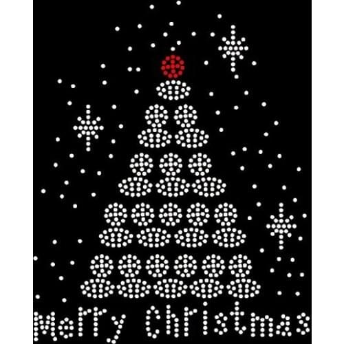 Free shipping Merry Christmas White Tree Rhinestone Transfer Iron on very nice image