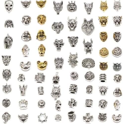 Mix Size Vintage Silver Plated Round Shape Buddha Head Animal Beads Handmade Beads for Jewelry Making Spacer Alloy Loose Beads