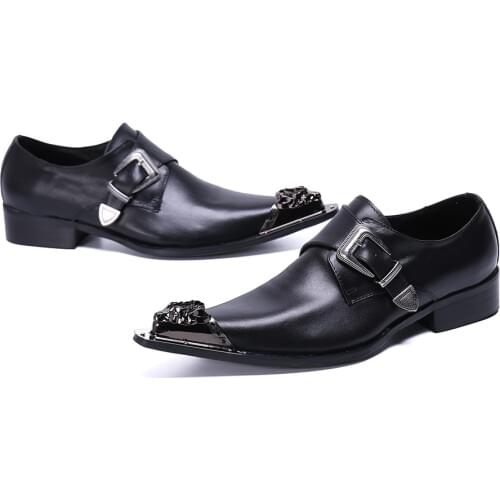 Gentleman Genuine Leather Black man shoes moda Big Buckle Design men dress shoes Luxury claquette steel toe Wedding Shoes Man