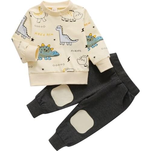 1-4Years Baby Long Sleeve + Trousers Dinosaur Print Elastic Waist Ribbed Round Neck Spring Clothing