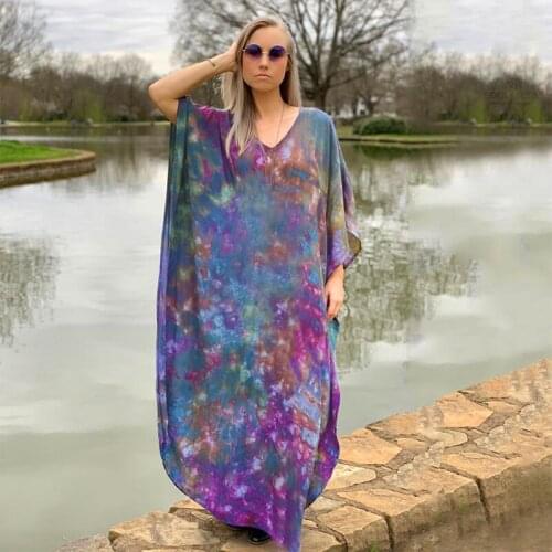 Purple Bikini Cover-ups Bohemian Printed Long Kaftan Tunic Women Autumn Spring Maxi Dresses Beach Wear Swim Suit Cover Up Q1329