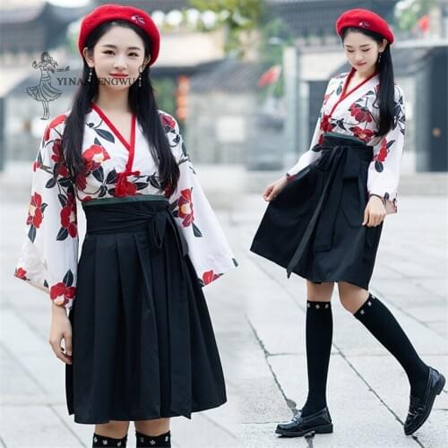 Japanese Kimono Women Floral Dress Tops Skirt 2 Pcs Lady Yukata Haori Print Costume Kawaii Clothes Femal Clothing Girl Robe Sets
