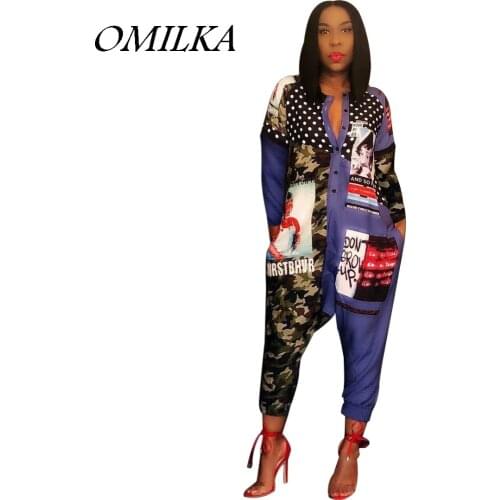 OMILKA Casual Loose Front Button Camo Letter Printed Rompers and Jumpsuits 2018 Women Long Sleeve Patchwork Hip Hop Overalls