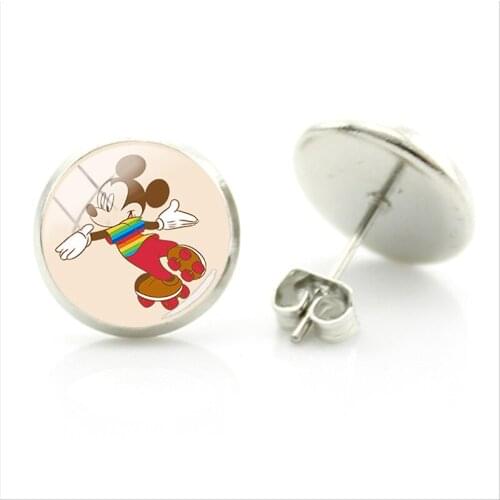 Disney Mickey Minnie Couple Handmade Glass Dome Earrings Fashion Cartoon Animation Art Photo Round Earrings Earrings