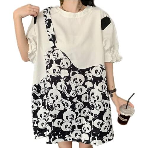 Summer Women Fake 2 Pieces Long Tshirts Kawaii Clothes Tee Tops Cute Panda Print Female Oversized Puff Half Sleeves T-shirts
