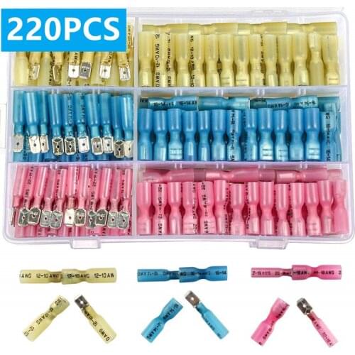 220PCS MDD/FDD Heat Shrink Crimp Terminals Kit Insulated Spade Wire Cable Butt Connector Male Female Docking Terminal Connectors