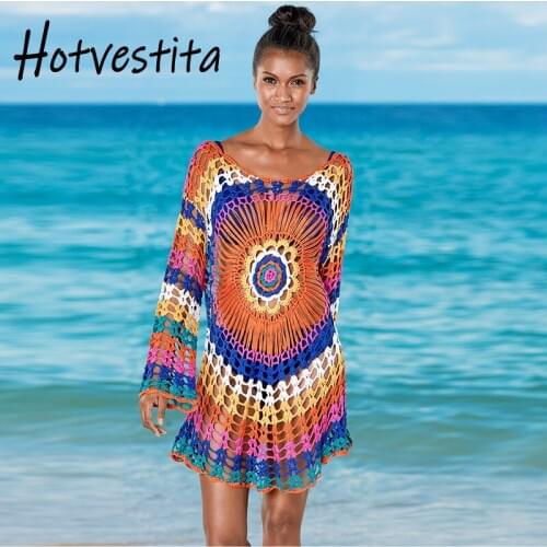 SOGA DRESS Beach Dress Women Sexy Hollow Out Long Sleeve Swim Wear Manual Knitted Tunic Bikini Cover Up Women Sarong Beach Wrap