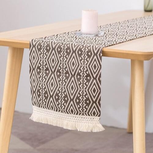 Geometric Printed Linen Cotton Thick Fabric Jacquard Table Flag Tassel Table Runner Modern for Wedding Christmas Decoration
