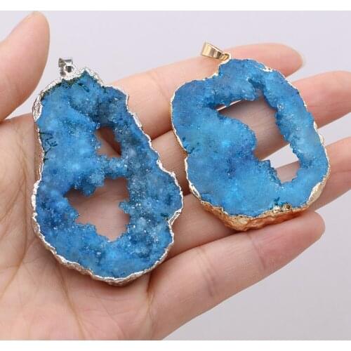 Natural Druzy Agates Pendant Charms Irregular Shape Blue Agates Pendant for Jewelry Making DIY Necklace Size 40x30x6mm-50x30x6mm