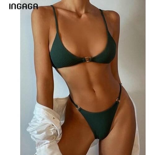 INGAGA Ribbed Bikinis Womens Swimsuits Sexy Ring Swimwear Women Push Up Biquini Micro Thong Bathing Suits Brazilian Bikini Set