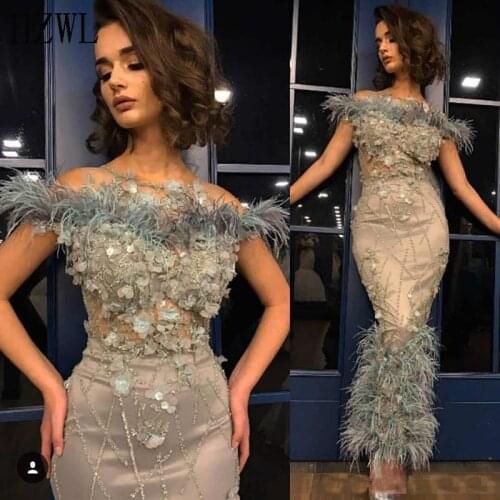 Sexy Aankle Length Prom Dresses 2020 with Feather Hand Made Flower Beading Luxurious Formal Evening Occasion Party Gowns