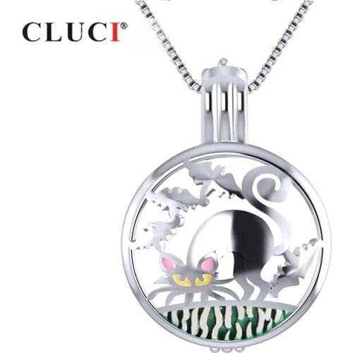 CLUCI Silver 925 Halloween Silver Charms Pendant for Women Jewelry Round Cut Cat Shaped 925 Sterling Silver Pearl Locket SC324SB