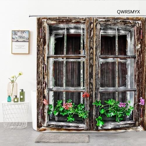 Vintage Old Wooden Window Flowers Bathroom Curtain Wooden Door Shower Curtains Washable Fabric Home Decor Wall Bathroom Products