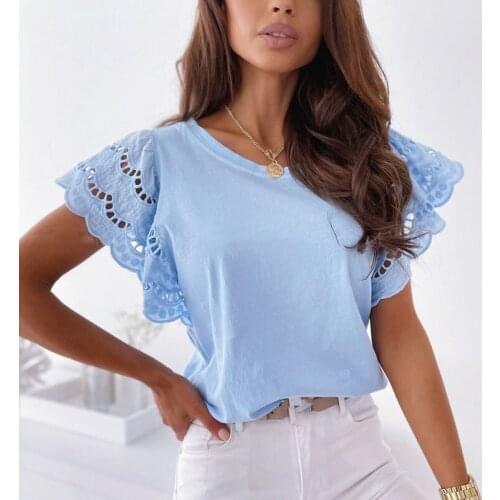 2021 New Summer Womens Short Sleeve T-shirt Fashion Casual O-neck Tops T Shirt Solid Hook Flower Hollow Tshirts Top Femme