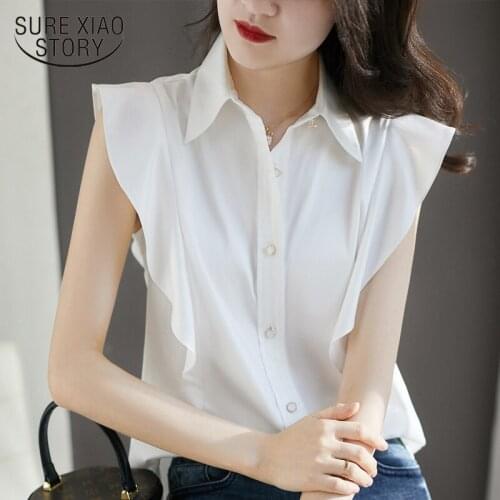 Casual Short Sleeve Ruffles Women Blouses 2021 Summer White Women Shirts Turn Down Collar Single Breasted Female Clothing 14741