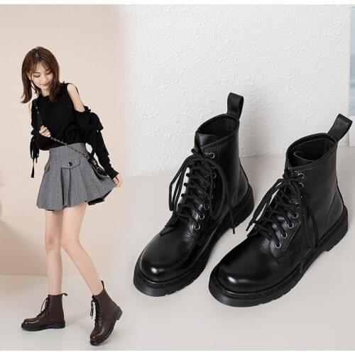 YMECHIC Spring Autumn 2021 Lace Up Ankle Combat Boots for Women Black Brown Chunky Low Heel Ladies Shoes Retro Booties Woman 43