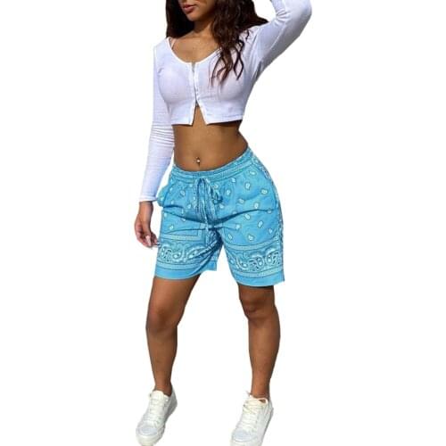 Women Cashew Printing Stretch short Pants Tight High Waist Hip Hop Style Shorts Casual Loose Lace-up Clothing