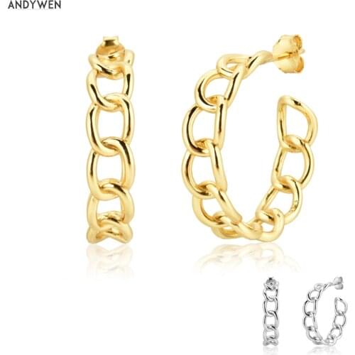 ANDYWEN 925 Sterling Silver Gold 25mm Lock Chain Hoops Big Large Circle Round Plain Huggies Women Fashion 2020 Rock Punk Jewels