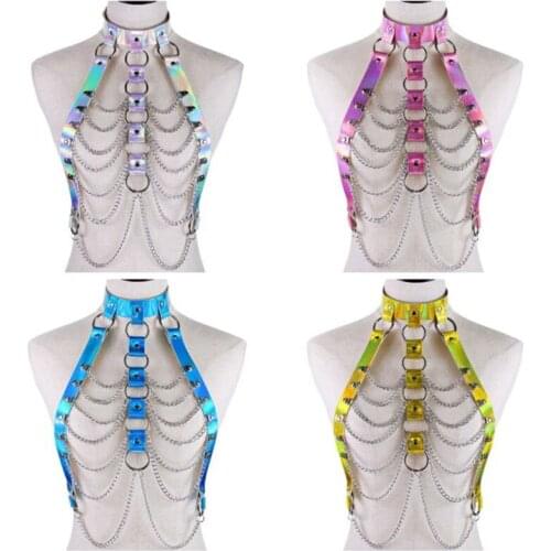 Goth Holographic Bodychain Harness Top Punk Women Holo Rainbow Chest Waist Chains Festival Rave Outfit Choker Jewelry Party Gift