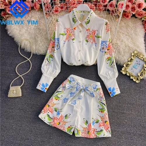 Two piece set Women Spring Summer Lone Sleeve Lapel Shirt Jacket And High waist Wide leg Shorts Fashion Print 2 piece set Women