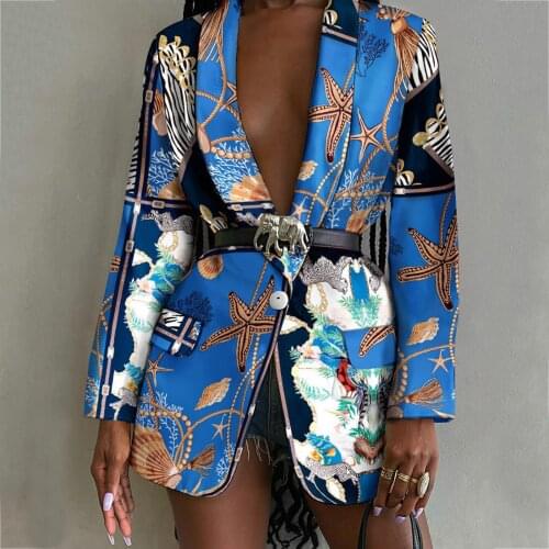 Women Sexy Fashion OL Style Pattern Printed Blazer Coats Long Sleeve Temperament Professional Slim Metal Belt Top Suit Jacket
