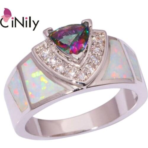 CiNily Created White Fire Opal Mystic Zircon Cubic Zirconia Silver Plated Wholesale for Women Jewelry Ring Size 6 7 8 9 OJ6387