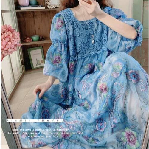 Blue Dresses Mori Girl Vintage Floral Luxury Embroidery Dress for Women Lantern Sleeve Oversized Midi Dress Vestido Feminino