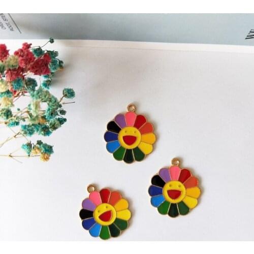 10pcs/lot Smiley Face Sunflower Enamel Charms Oil Drop Flowers Pendants For Women DIY Jewelry Bracelet Earring Accessory 26*30MM