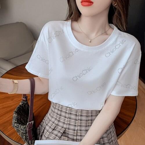 2021 summer O Neck Hot drilling short Sleeve t shirt Women letter Tops Casual Loose Korean Style Clothes Female t shirt