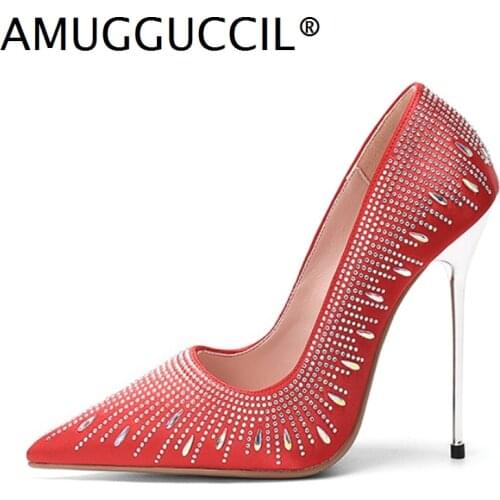 2021 New Plus Big Size 31-45 Red Black Crystal Fashion Sexy High Heel Spring Autumn Party Female Lady Shoes Women Pumps D1374