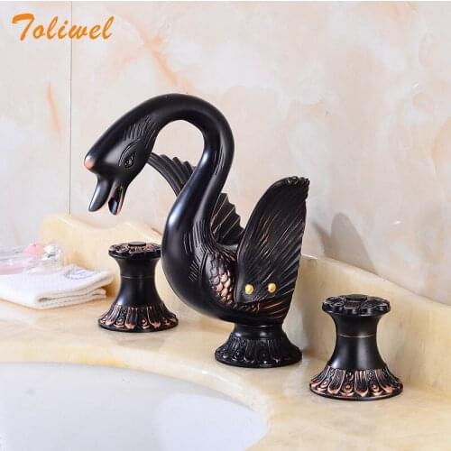 ORB Black 3PCS Deck-mounted Widespread Swan Bathroom Faucet Mixer Tap Lavatory Sink Brass Golden Basin faucet Cold Hot Water Tap