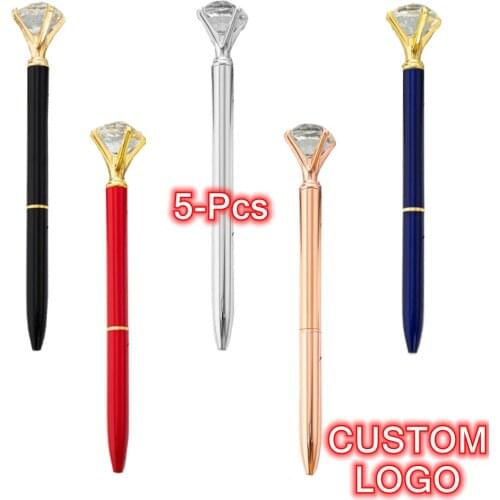 5Pcs Big Crystal Diamond Metal Ballpoint Pen Ring Wedding Office Gift Roller Ball Pens Black Blue Ink Free Custom Logo