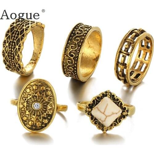 5 Pieces Punk Retro Bohemian Gold Color Rings Set Lmitation Opal Stone Carved Personality Joint Ring Wholesale