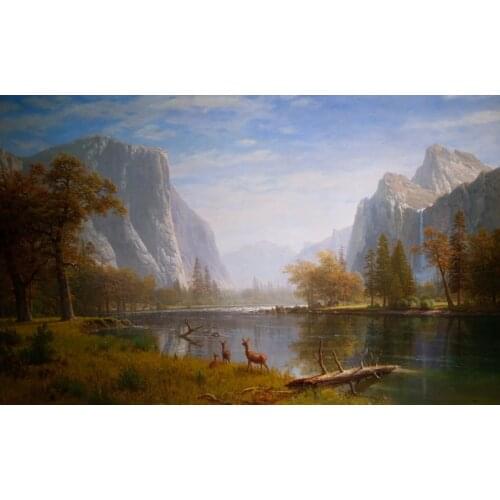 Free shipping classical mountain river deer landscape canvas painting prints oil painting on canvas wall art decoration pictures
