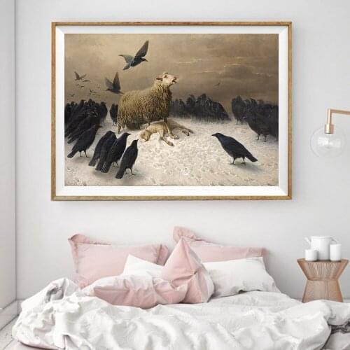 Ewe With Her Young Vintage Art Wall Hanging Poster Raven Stick Canvas Painting For Modern Home Living Room Decoration