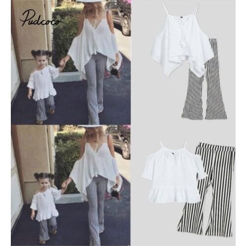 2019 Family Matchings Clothes Set Women Daughter Girl Matching Off Shoulder Tops Clothes Striped Pants Trousers Casual Outfits