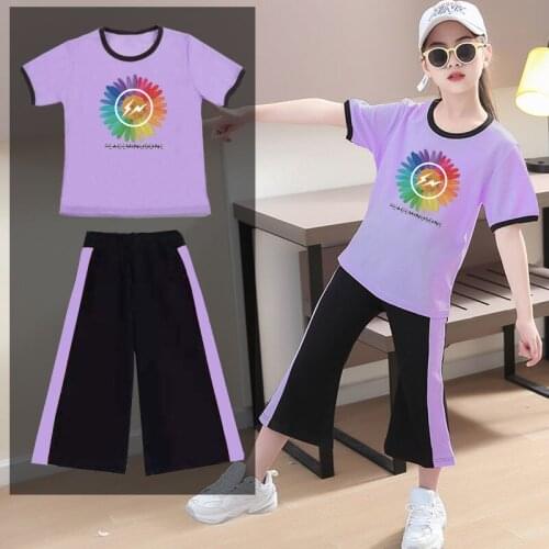 Girls Sets Summer Thin Children Multicolor Round Neck Tops Cropped Trousers Fashion Two-piece for Big Kids Costume Set