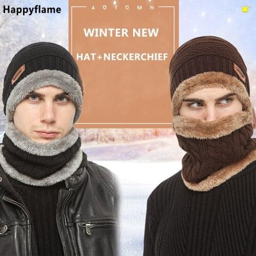 2pcs Ski Cap and Scarf Plus Velvet Warm Leather Winter Hat for Men Windproof Neck Guard Knitted Hat Bonnet Skullies Beanies Male
