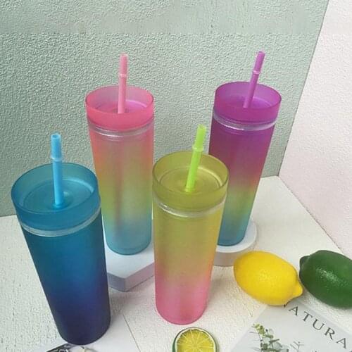 New 16oz Reusable Gradient Rainbow Color Cup Coffee Juice Straw Mug Personalized Plastic Bottom Creative Outdoor Portable Cup