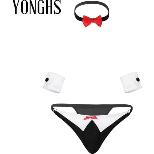 Mens Exotic Underwear Sex Costume Bow Tie Tuxedo Thong G-string Briefs with Collar Bracelets Sexy Role Play Games Lingerie Suit