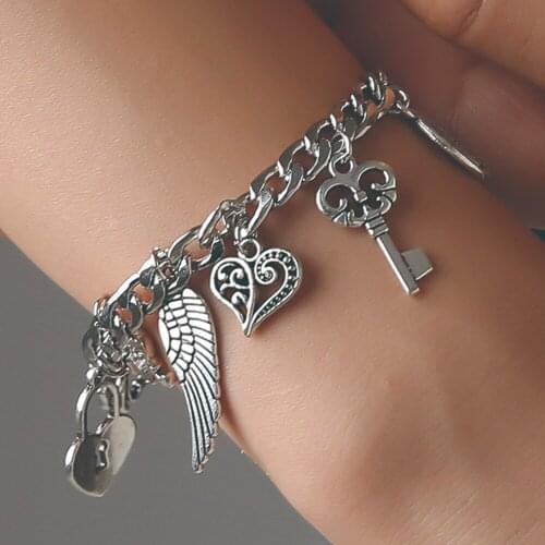 Romantic Heart Bracelets Silver Color Lock & Key Charms Bracelets for Women Elephant Cuff Bracelet Bangles Jewelry Gift #289425