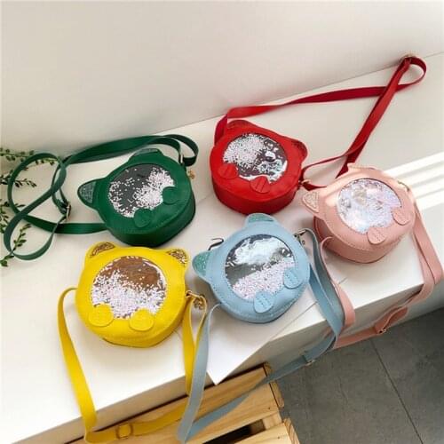 1pc New Cute Girls Messenger Bags Quicksand Cat Shoulder Bag for Girls PU Princess Crossbody Bags Children Coin Pocket Handbags